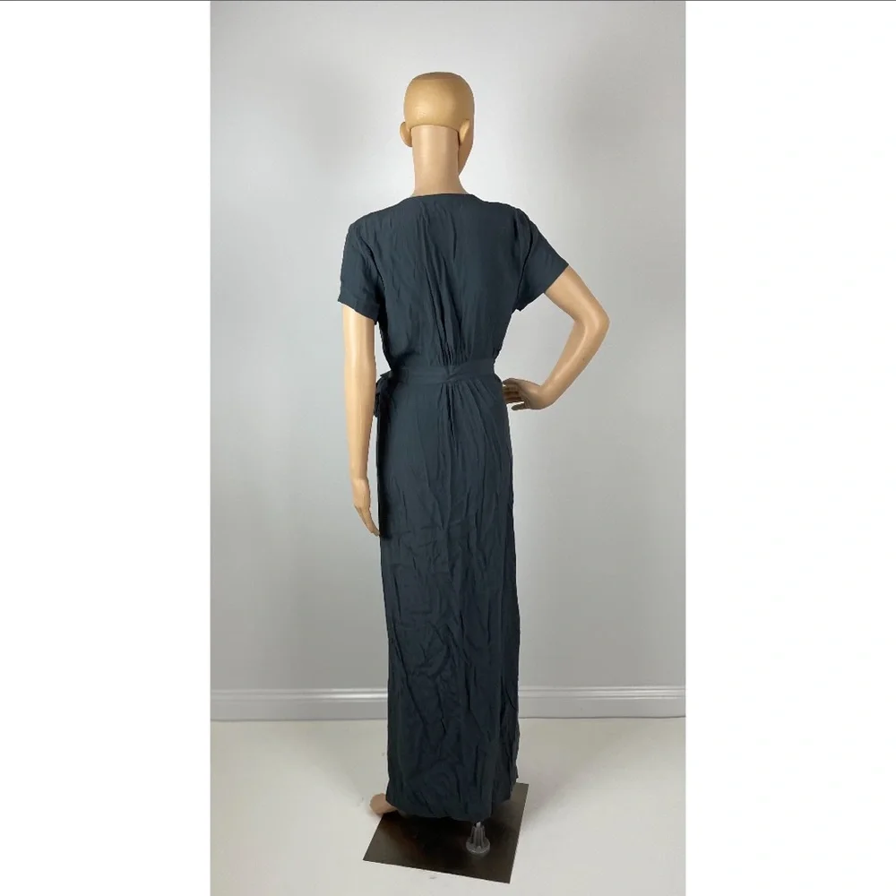 Dark Grey V-neck Tie-front Short Sleeve Wrapped Maxi Dress
